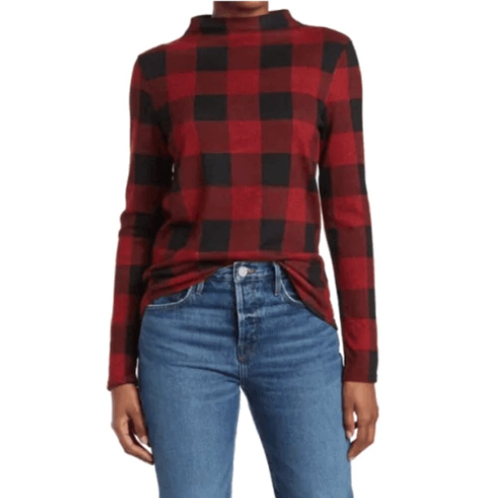 NWT Beach Lunch Lounge Womens Small Shayla Red Buffalo Check Mock Neck Knit Top